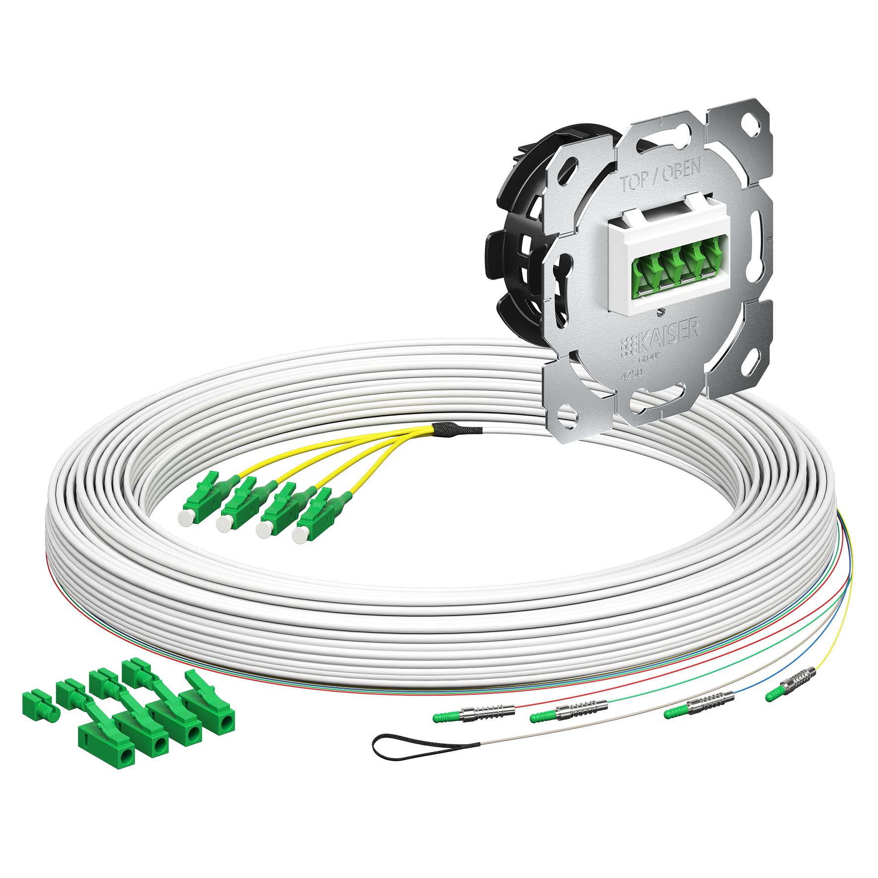 Teilnehmeranschluss Gf-TA E3S Connect®, Unterputz, 4xF, LC/APC QD, L=25m, HÜP, vorkonfektioniert, shutter, LC/APC