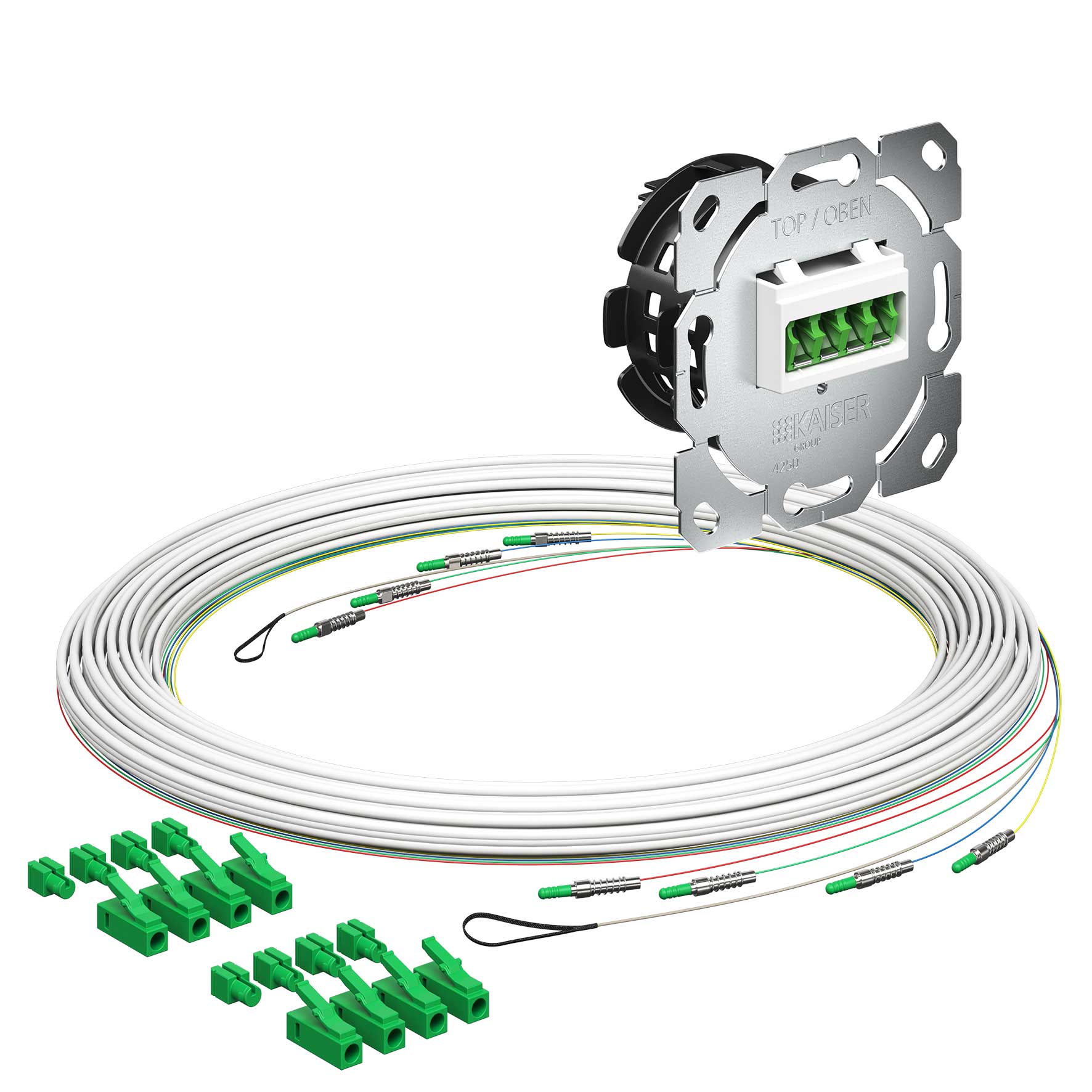 Teilnehmeranschluss Gf-TA E3S Connect®, Unterputz, 4xF, LC/APC QD, L=10m, Gf-GV, vorkonfektioniert, shutter, LC/APC