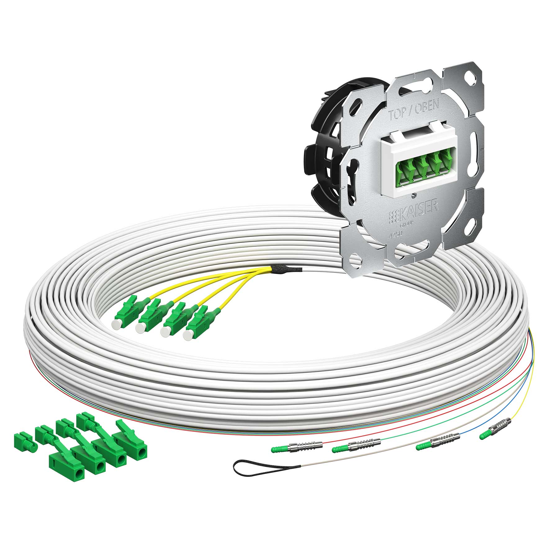 Teilnehmeranschluss Gf-TA E3S Connect®, Unterputz, 4xF, LC/APC QD, L=90m, HÜP, vorkonfektioniert, shutter, LC/APC
