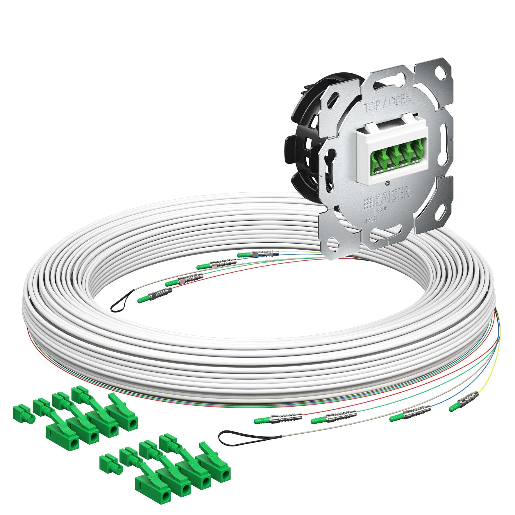 Teilnehmeranschluss Gf-TA E3S Connect®, Unterputz, 4xF, LC/APC QD, L=55m, Gf-GV, vorkonfektioniert, shutter, LC/APC