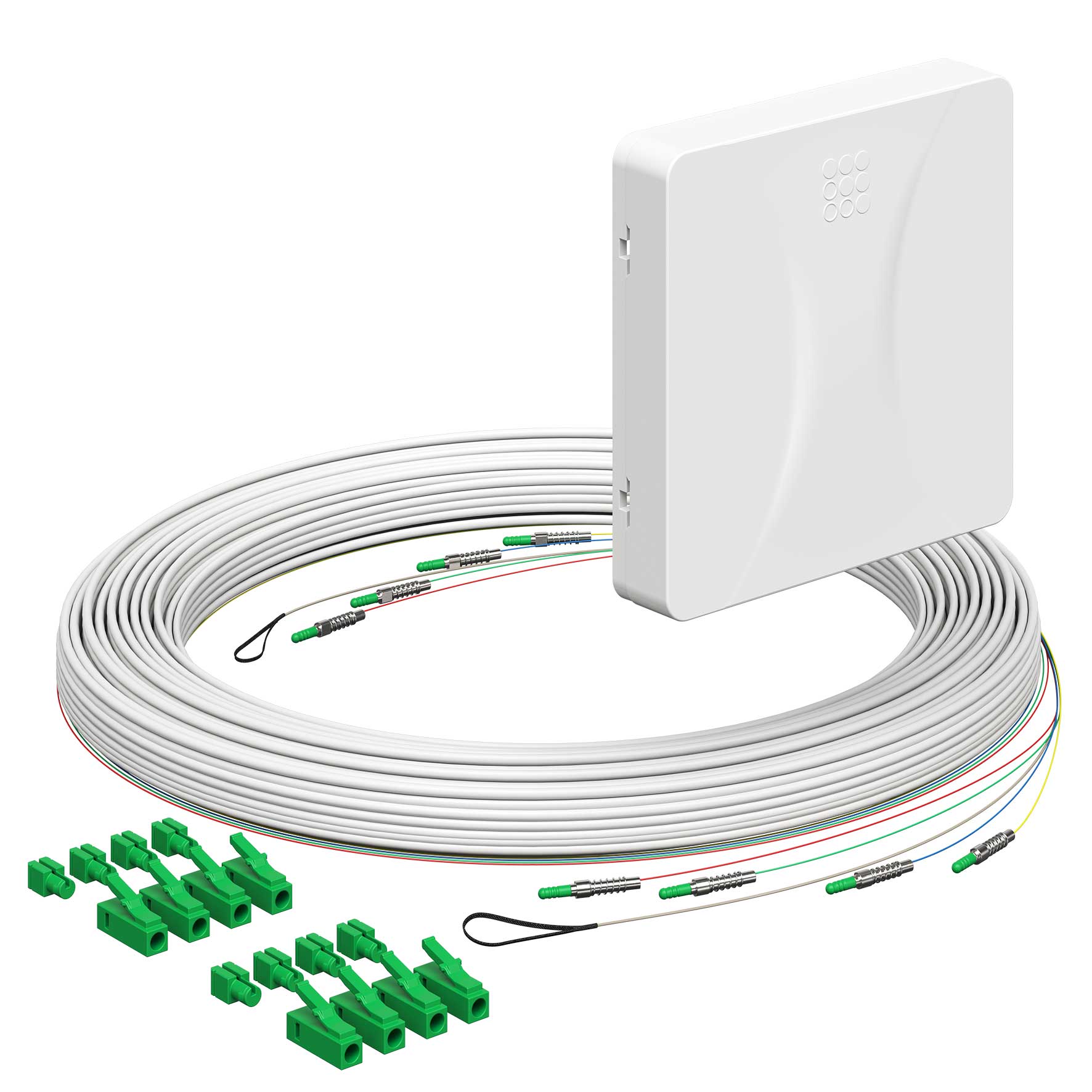 Teilnehmeranschluss Gf-TA E3S Connect®, Aufputz, 4xF, LC/APC DX, L=20m, Gf-GV, vorkonfektioniert, shutter, LC/APC
