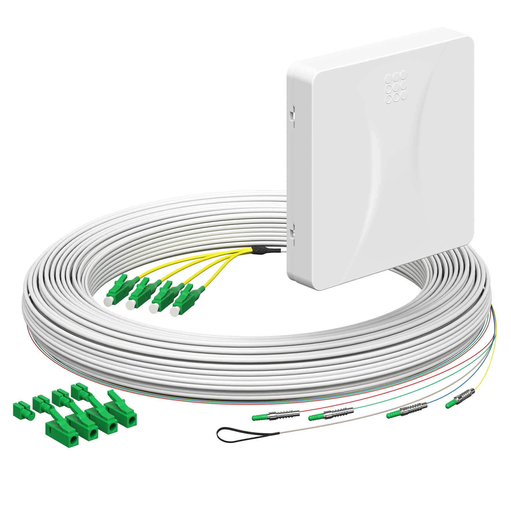 Teilnehmeranschluss Gf-TA E3S Connect®, Aufputz, 4xF, LC/APC DX, L=35m, HÜP, vorkonfektioniert, shutter, LC/APC