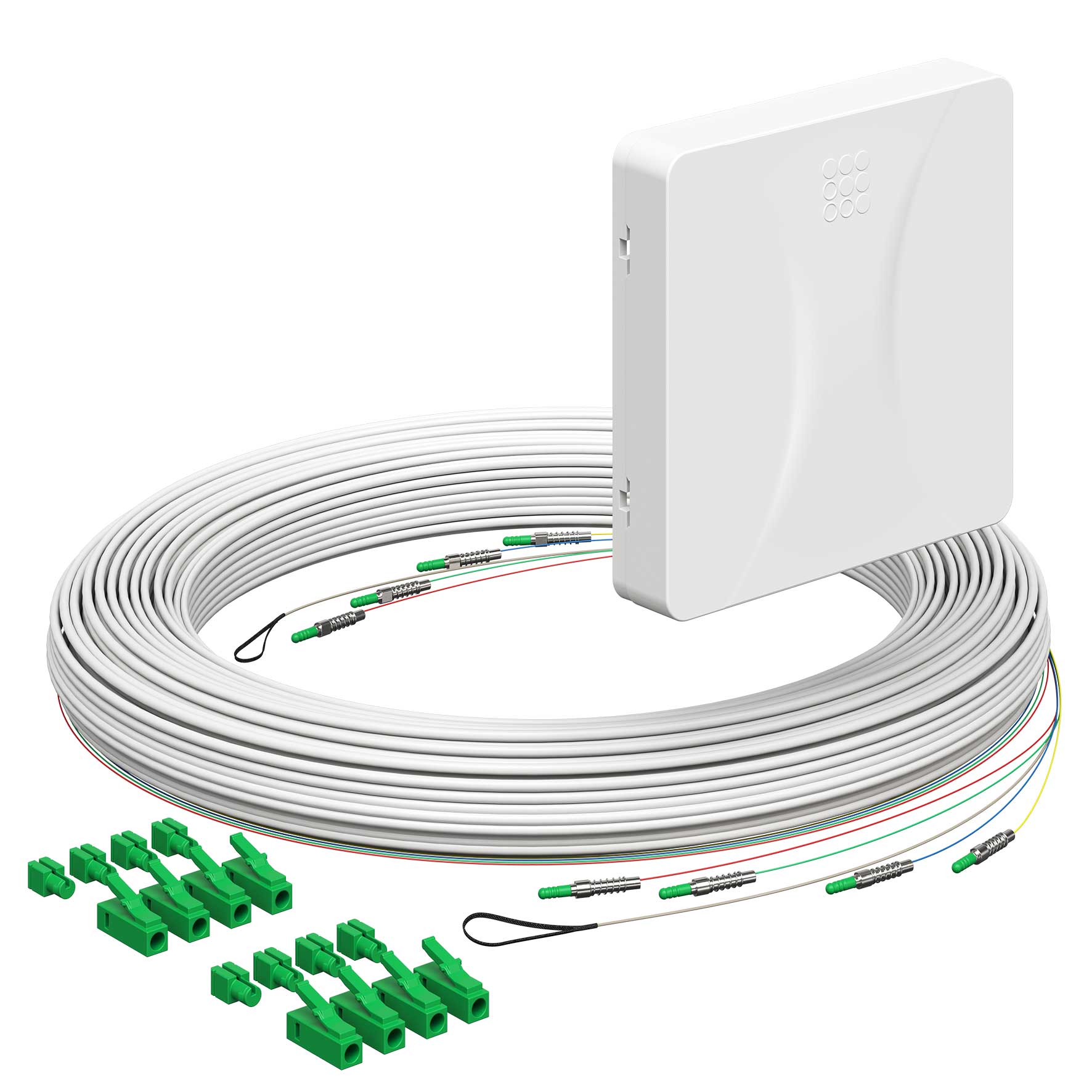 Teilnehmeranschluss Gf-TA E3S Connect®, Aufputz, 4xF, LC/APC DX, L=40m, Gf-GV, vorkonfektioniert, shutter, LC/APC