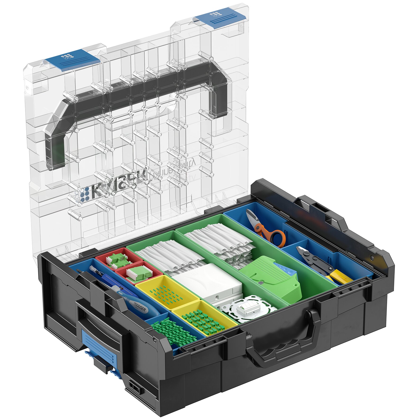 E3S Connect® Zubehörbox bestückt LC/APC Gehäuse und DX Kupplung Reinigungsmaterial, Werkzeug, TAs AP, UP